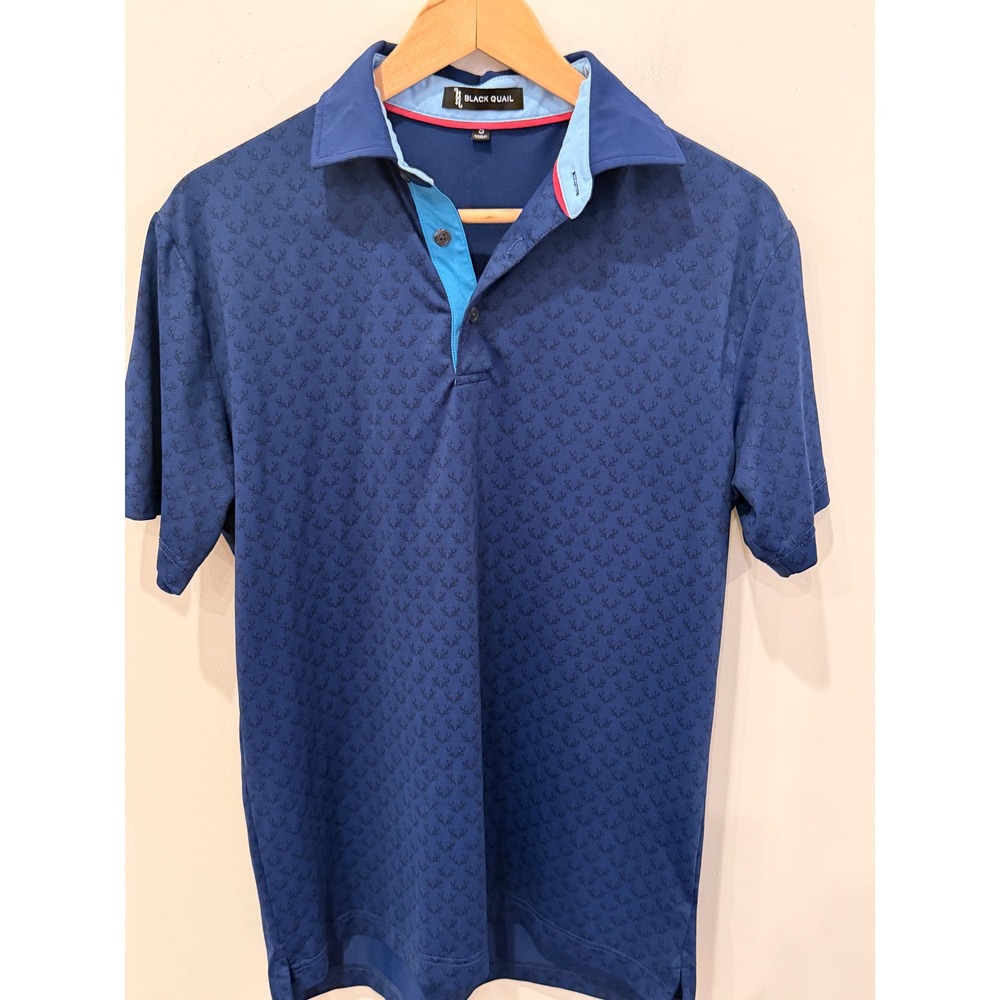 Black Quail Mens S Golf Polo Blue Quail Print Performance Stretch Shirt